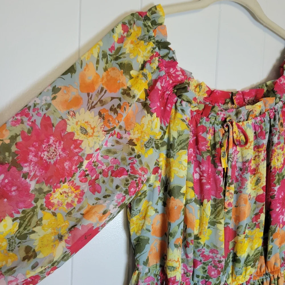 LC Lauren Conrad Off The Shoulder Midi Dress Floral Print Puff Sleeves Boho XL - Picture 5 of 11